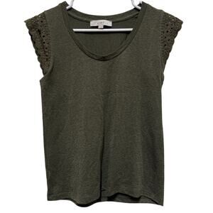 Loft Cap Sleeve with embroidered design olive green thin sweater Size Small